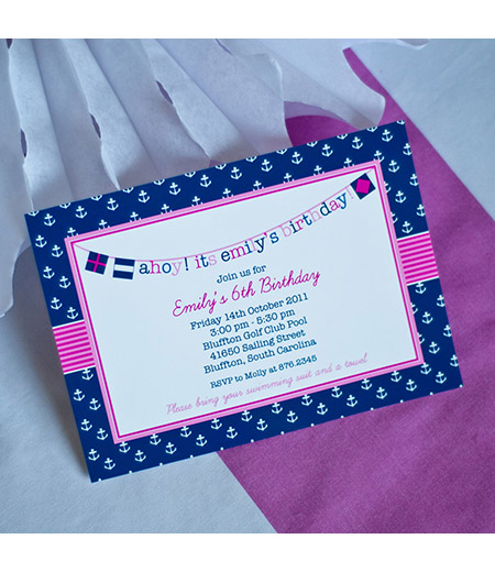 Nautical Preppy Girl Birthday Party Invitation - Navy and Pink
